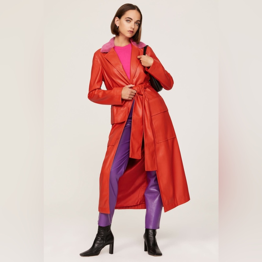 NWOT STAUD Ashley Red Trench Coat with Pink Collar - Picture 4 of 7
